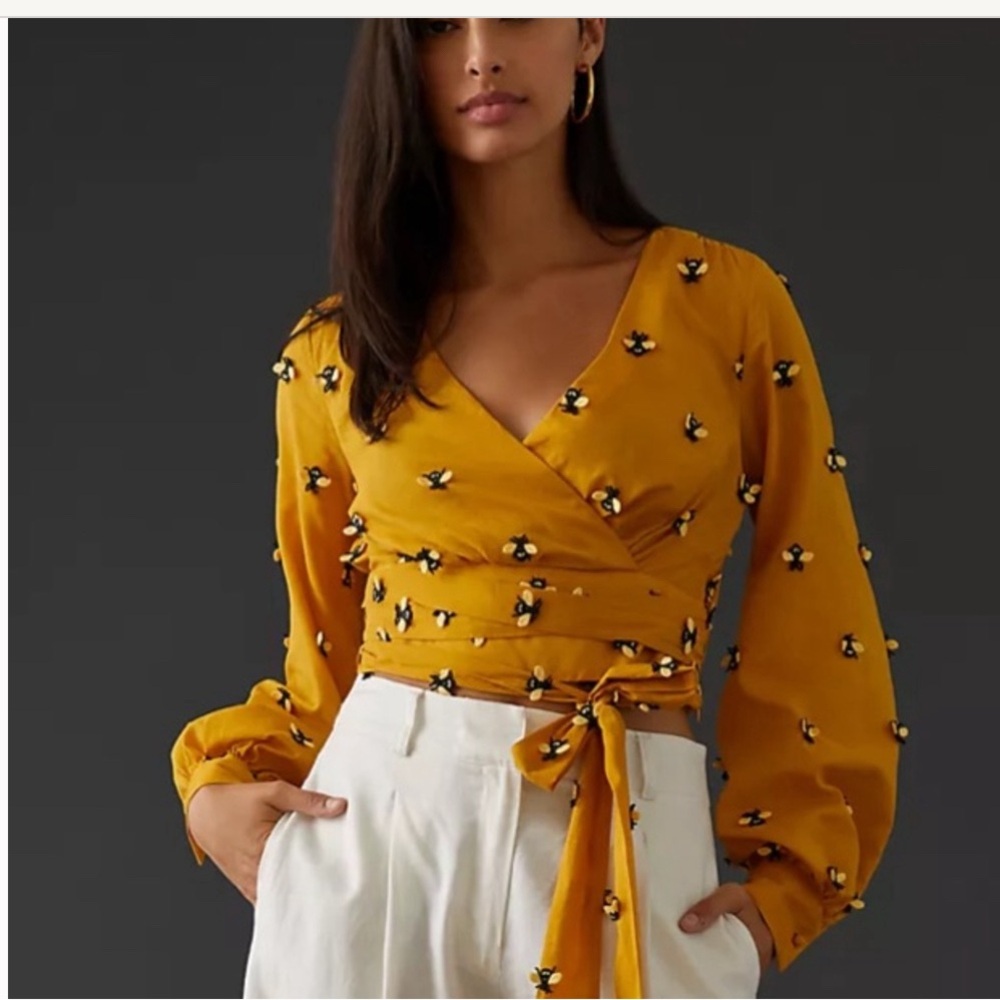 ANTHROPOLOGIE MAEVE YELLOW BEE WRAP TOP
